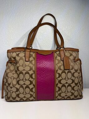 Coach Signature Canvas Tote with Hot Pink Center Stripe and Tan Trim
